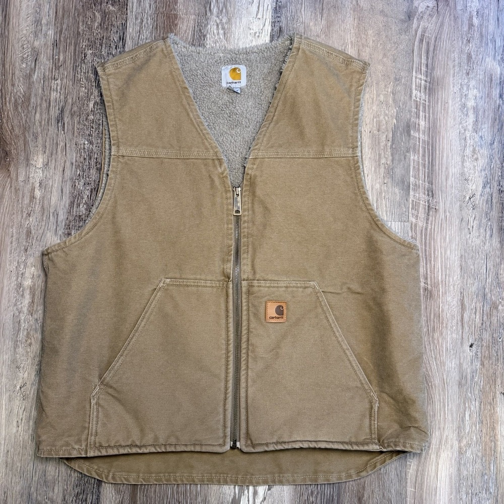 Carhartt Sandstone Rugged Sherpa Lined Vest Mens Large Beige Duck Canvas V26*